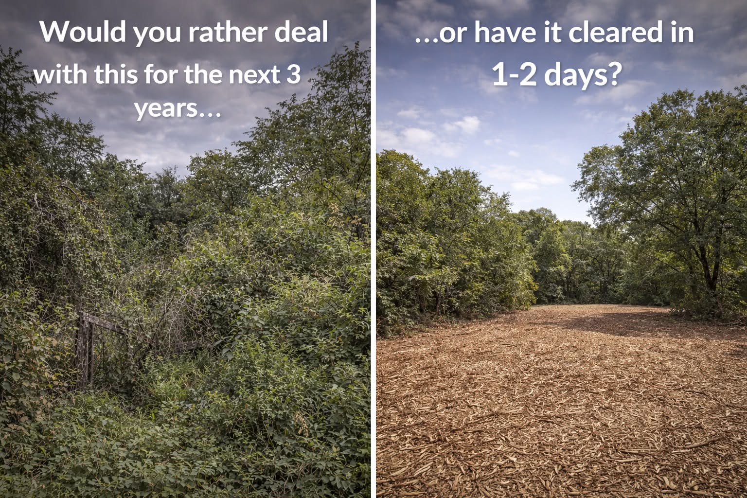 Split view of a woodlot before clearing and the same ground finished in mulch