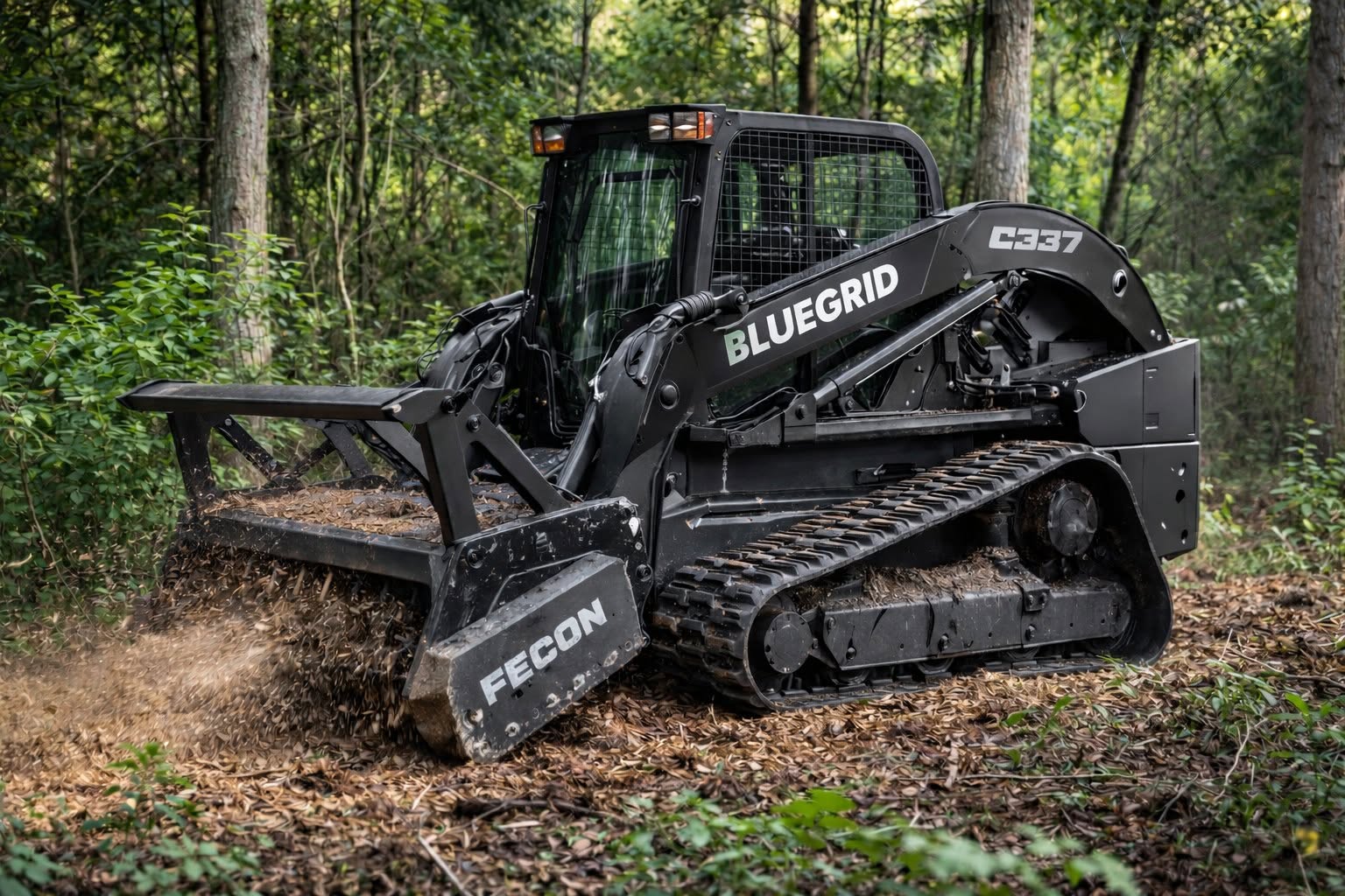 BLUEGRID-branded track loader mulching brush in green woods